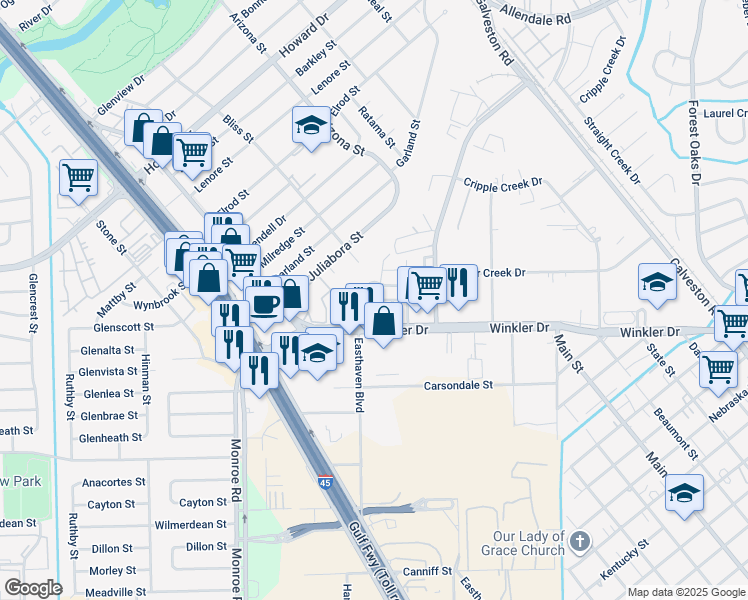 map of restaurants, bars, coffee shops, grocery stores, and more near 8907 San Alberto in Houston