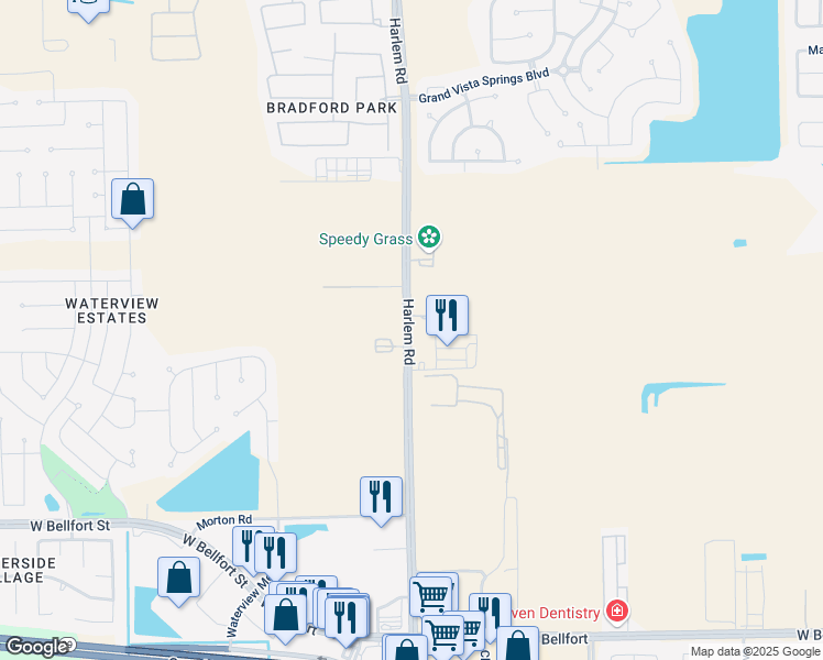 map of restaurants, bars, coffee shops, grocery stores, and more near 9831 Harlem Road in Richmond