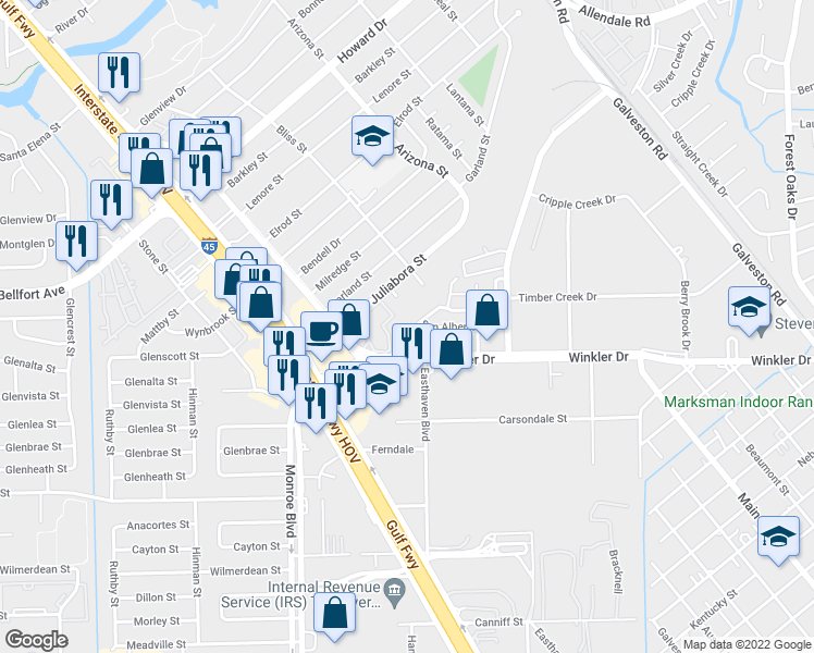 map of restaurants, bars, coffee shops, grocery stores, and more near 6014 Santa Bernadetta in Houston