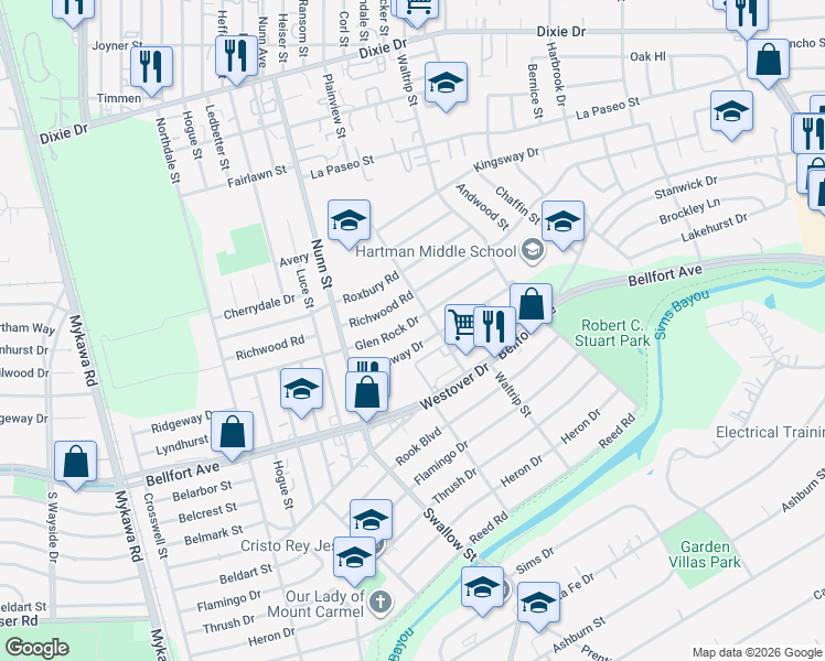 map of restaurants, bars, coffee shops, grocery stores, and more near 6754 Glen Rock Drive in Houston