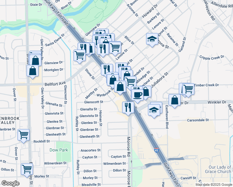 map of restaurants, bars, coffee shops, grocery stores, and more near 8456 Gulf Freeway in Houston