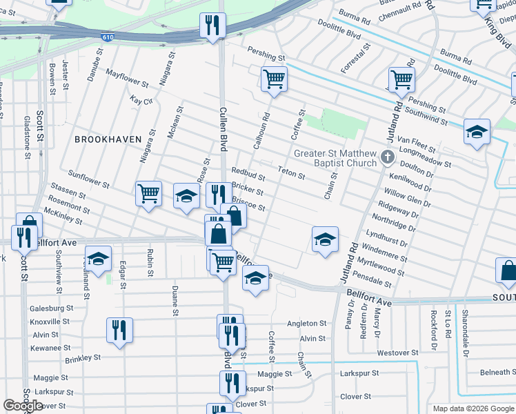 map of restaurants, bars, coffee shops, grocery stores, and more near 4829 Briscoe St in Houston