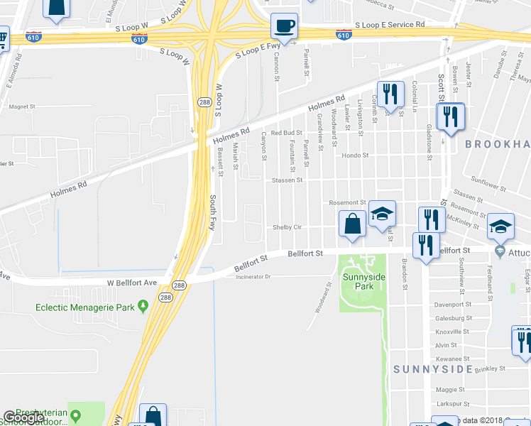 map of restaurants, bars, coffee shops, grocery stores, and more near 8301 Canyon Street in Houston