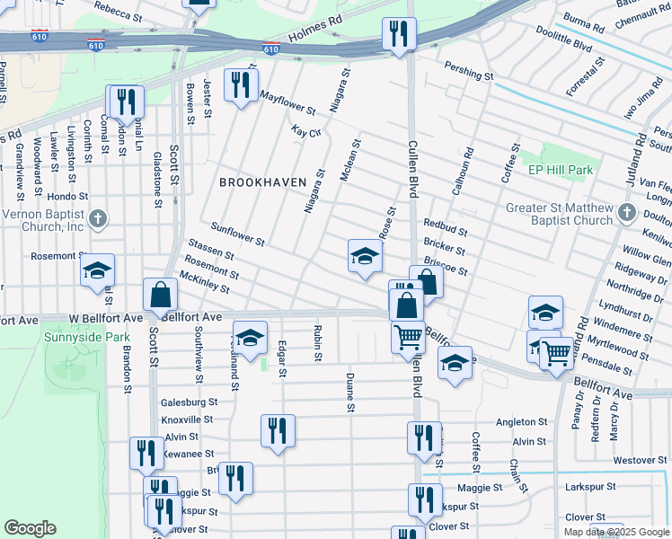 map of restaurants, bars, coffee shops, grocery stores, and more near 4531 Sunflower Street in Houston