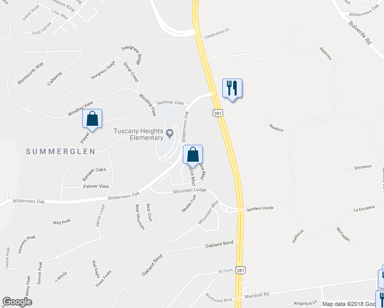 map of restaurants, bars, coffee shops, grocery stores, and more near 2431 Cortona Mist in San Antonio