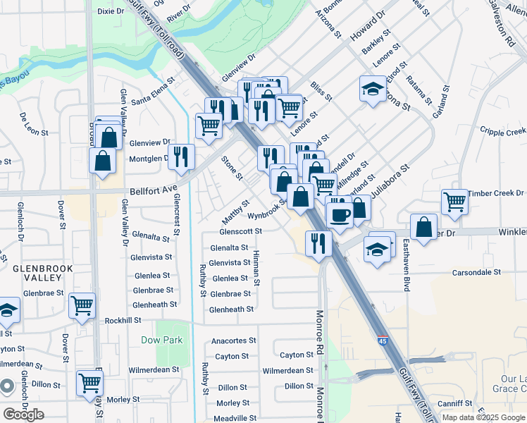 map of restaurants, bars, coffee shops, grocery stores, and more near 8335 Wynbrook Street in Houston