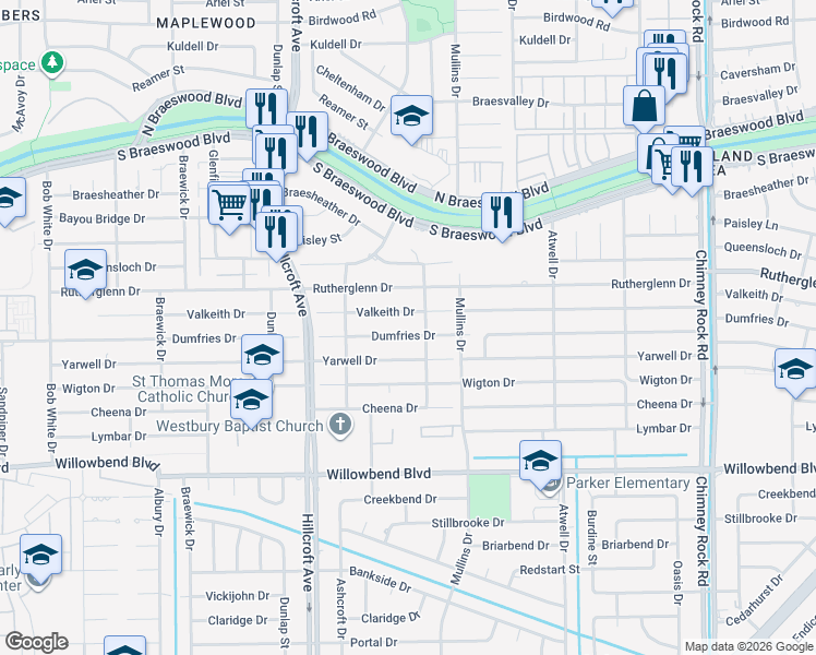 map of restaurants, bars, coffee shops, grocery stores, and more near 5734 Dumfries Drive in Houston