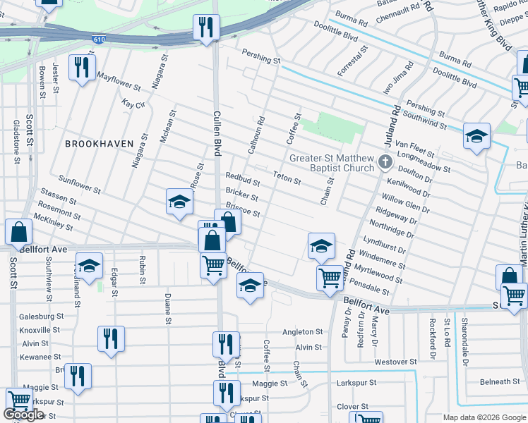 map of restaurants, bars, coffee shops, grocery stores, and more near 4829 Briscoe Street in Houston