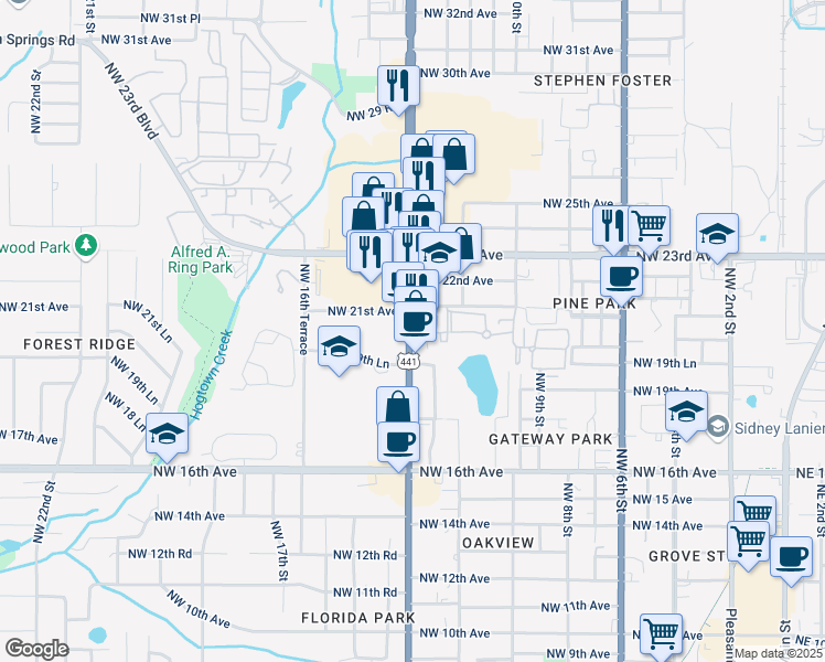 map of restaurants, bars, coffee shops, grocery stores, and more near 2020 NW 13th St in Gainesville