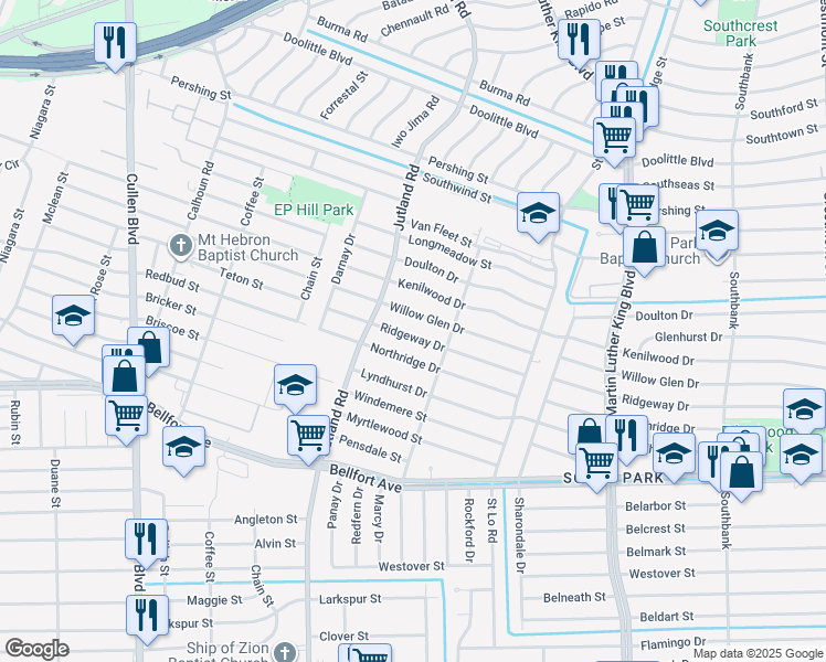 map of restaurants, bars, coffee shops, grocery stores, and more near 5206 Willow Glen Drive in Houston