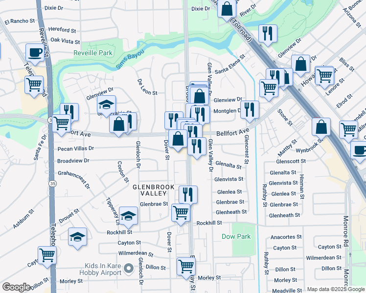map of restaurants, bars, coffee shops, grocery stores, and more near 7808 Bellfort Avenue in Houston