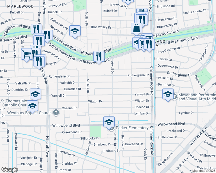 map of restaurants, bars, coffee shops, grocery stores, and more near 5622 Dumfries Drive in Houston