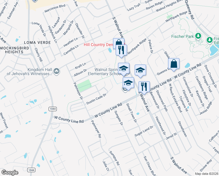 map of restaurants, bars, coffee shops, grocery stores, and more near 1538 Dustin Cade Drive in New Braunfels