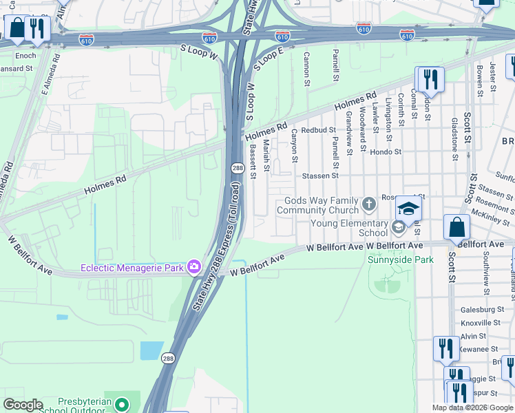 map of restaurants, bars, coffee shops, grocery stores, and more near 8321 Bassett Street in Houston