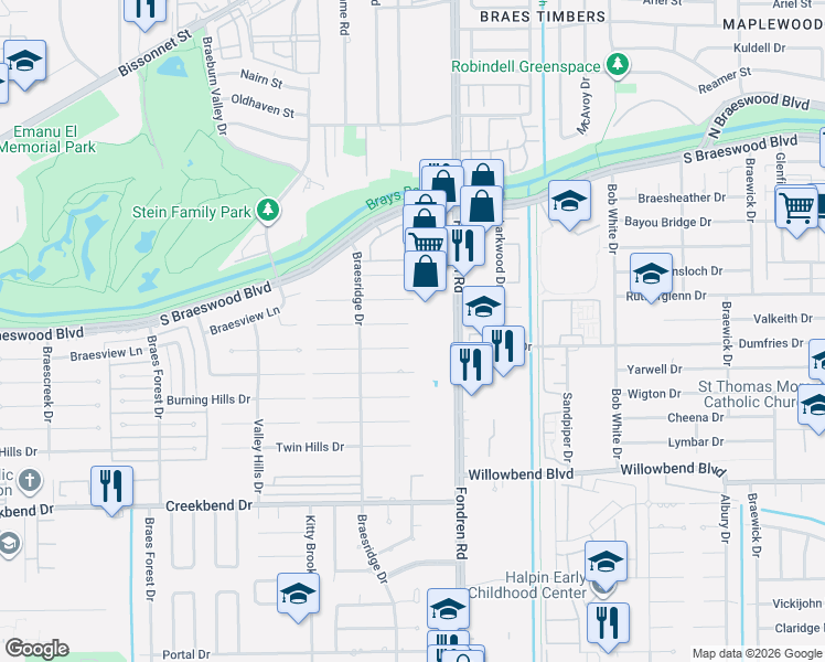 map of restaurants, bars, coffee shops, grocery stores, and more near 7615 Westwind Lane in Houston