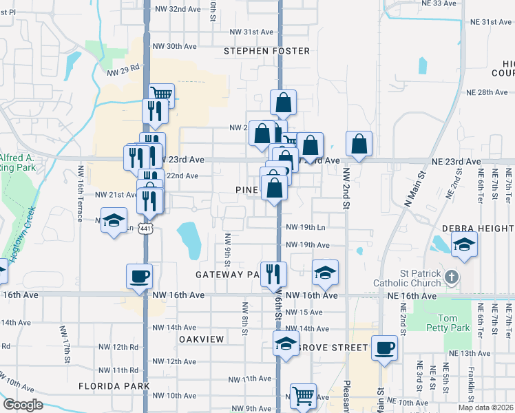 map of restaurants, bars, coffee shops, grocery stores, and more near 2013 Northwest 7 Terrace in Gainesville