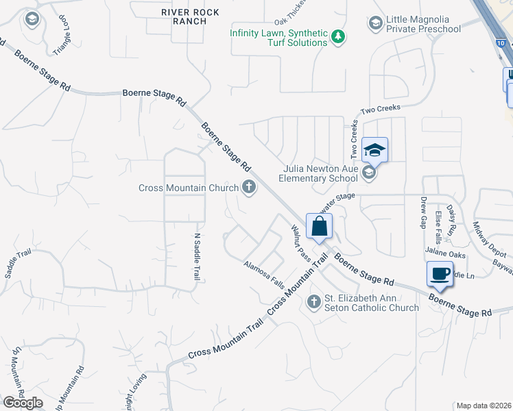 map of restaurants, bars, coffee shops, grocery stores, and more near 24891 Boerne Stage Road in San Antonio