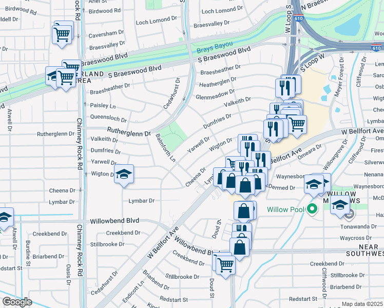 map of restaurants, bars, coffee shops, grocery stores, and more near 5039 Yarwell Drive in Houston