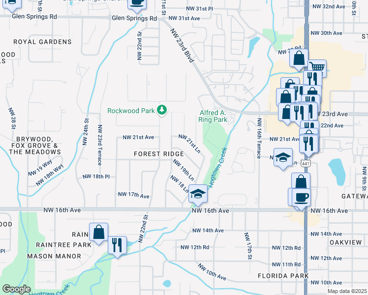 map of restaurants, bars, coffee shops, grocery stores, and more near 2066 Northwest 20th Lane in Gainesville