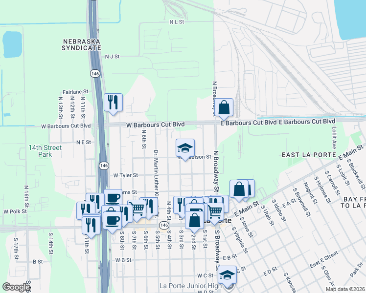 map of restaurants, bars, coffee shops, grocery stores, and more near 524 North 3rd Street in La Porte