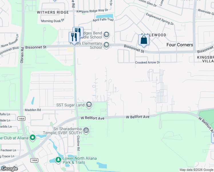 map of restaurants, bars, coffee shops, grocery stores, and more near 16526 Boss Gaston Road in Sugar Land