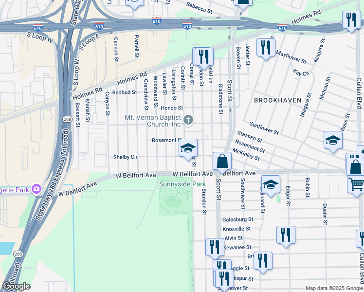 map of restaurants, bars, coffee shops, grocery stores, and more near 8312 Corinth Street in Houston