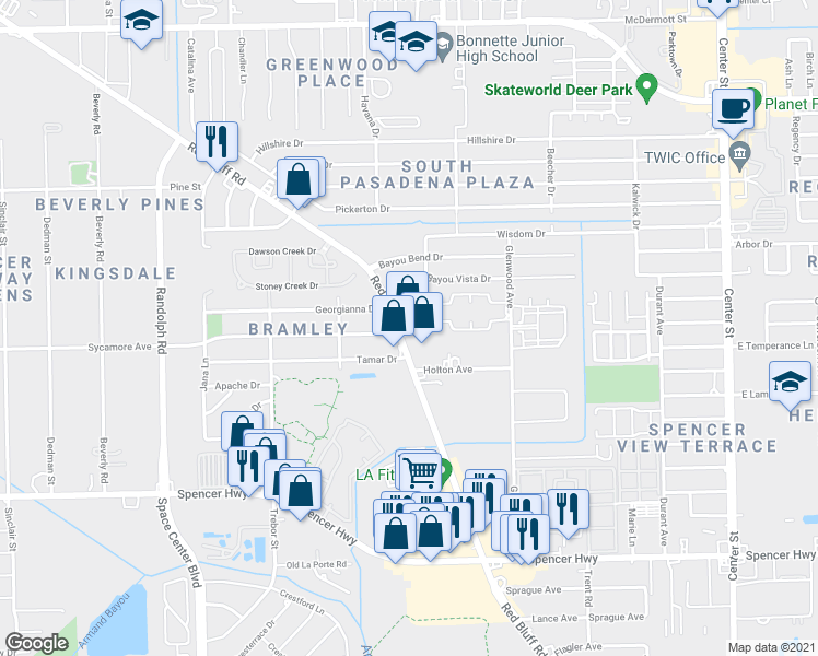 map of restaurants, bars, coffee shops, grocery stores, and more near 5001 Red Bluff Road in Pasadena