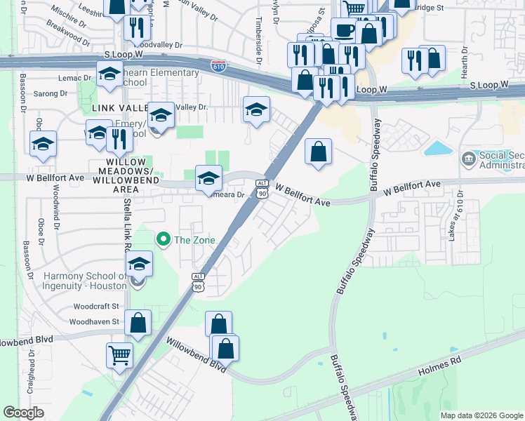 map of restaurants, bars, coffee shops, grocery stores, and more near 3419 Knighton Hill Drive in Houston