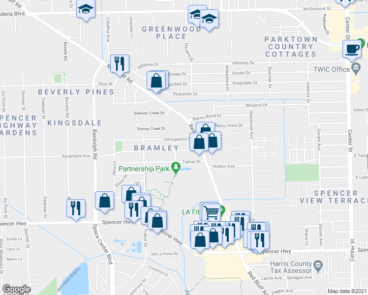 map of restaurants, bars, coffee shops, grocery stores, and more near 6607 Bramley Drive in Pasadena