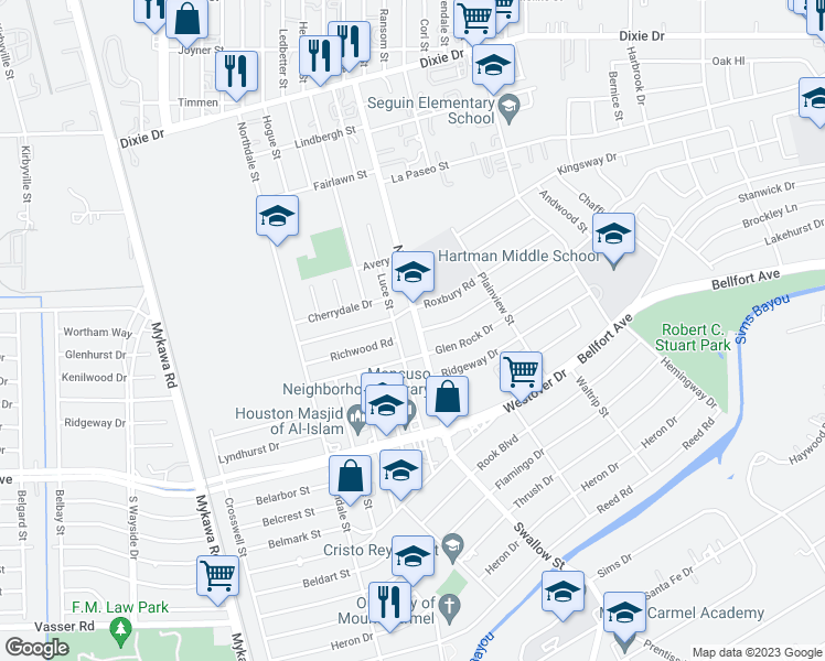 map of restaurants, bars, coffee shops, grocery stores, and more near 6414 Nunn Street in Houston