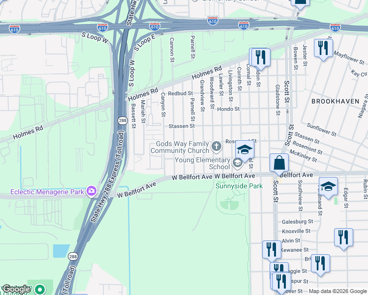 map of restaurants, bars, coffee shops, grocery stores, and more near 8309 Fountain Street in Houston