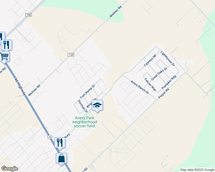 map of restaurants, bars, coffee shops, grocery stores, and more near 2151 Brinkley Drive in New Braunfels