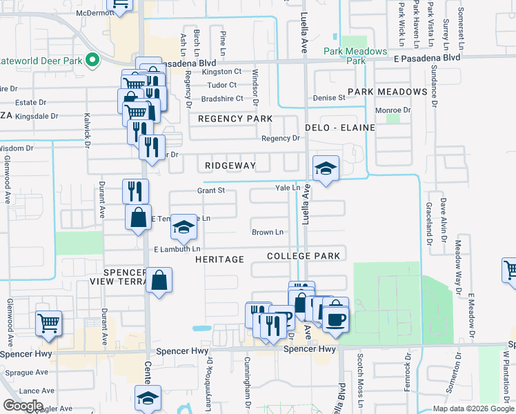 map of restaurants, bars, coffee shops, grocery stores, and more near 713 East Purdue Lane in Deer Park