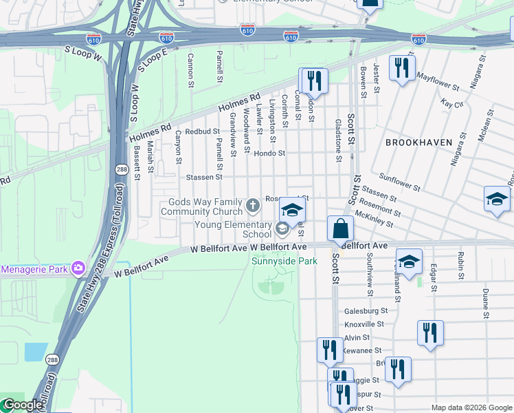 map of restaurants, bars, coffee shops, grocery stores, and more near 8310 Lawler Street in Houston