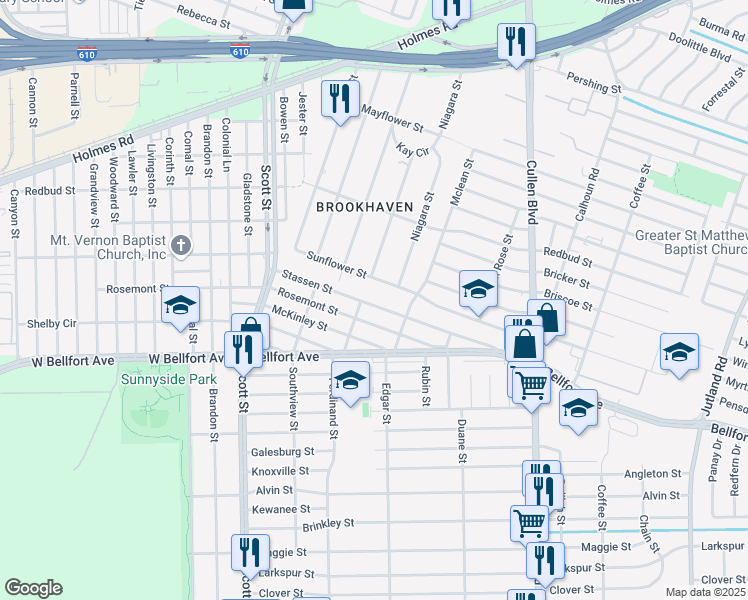 map of restaurants, bars, coffee shops, grocery stores, and more near 4409 Stassen Street in Houston