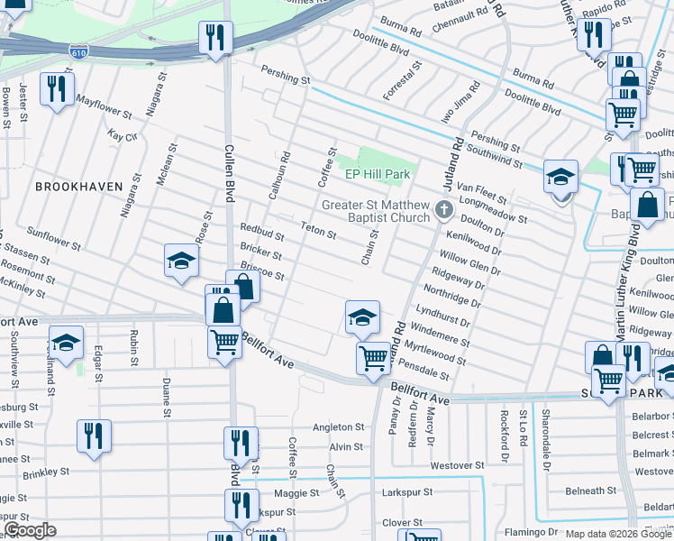 map of restaurants, bars, coffee shops, grocery stores, and more near 5041 Bricker Street in Houston