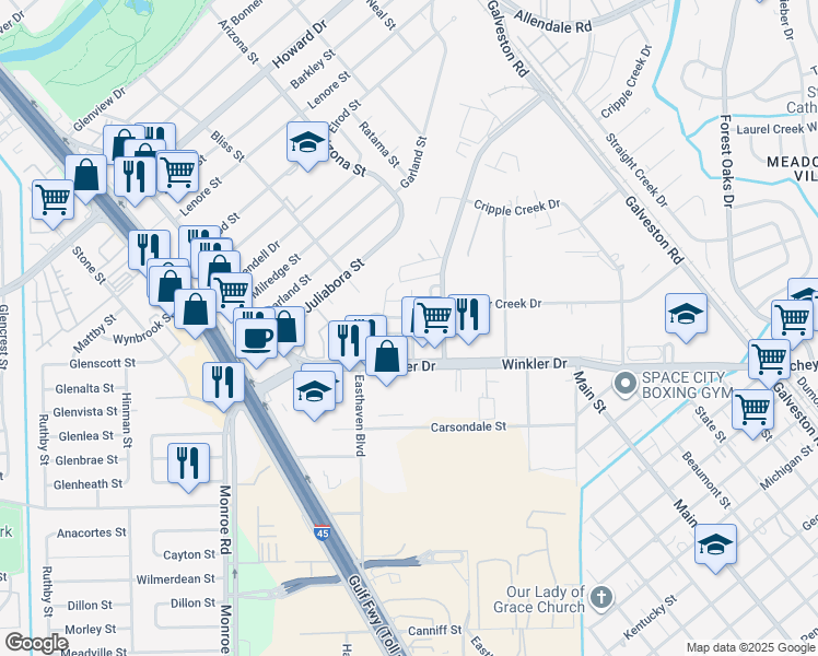 map of restaurants, bars, coffee shops, grocery stores, and more near 8951 San Alberto in Houston