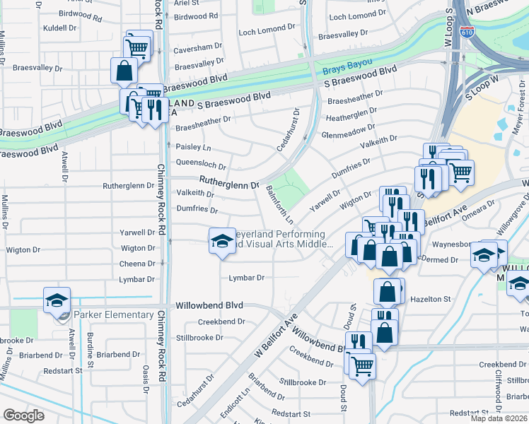map of restaurants, bars, coffee shops, grocery stores, and more near 10011 Cedarhurst Drive in Houston