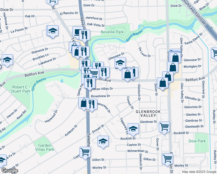 map of restaurants, bars, coffee shops, grocery stores, and more near 7703 Pecan Villas Drive in Houston