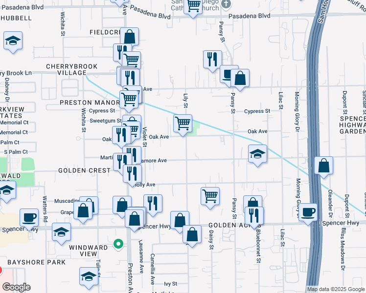 map of restaurants, bars, coffee shops, grocery stores, and more near 2710 Lily Street in Pasadena