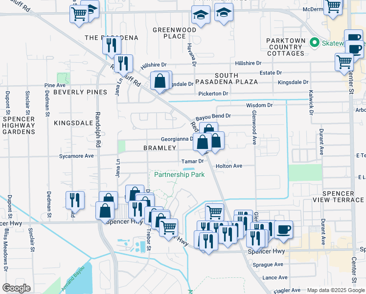 map of restaurants, bars, coffee shops, grocery stores, and more near 6607 Bramley Drive in Pasadena