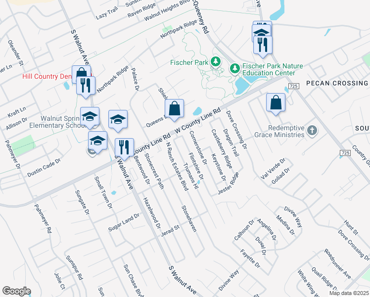 map of restaurants, bars, coffee shops, grocery stores, and more near 2048 Flintshire Drive in New Braunfels
