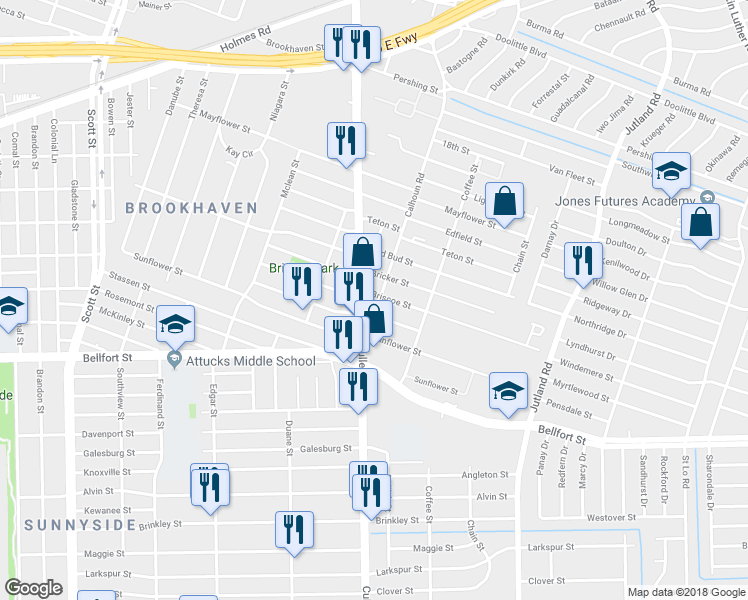 map of restaurants, bars, coffee shops, grocery stores, and more near 4746 Briscoe Street in Houston