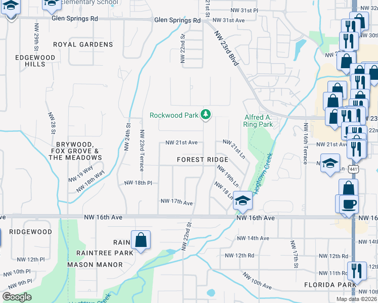 map of restaurants, bars, coffee shops, grocery stores, and more near 2230 Northwest 20th Court in Gainesville