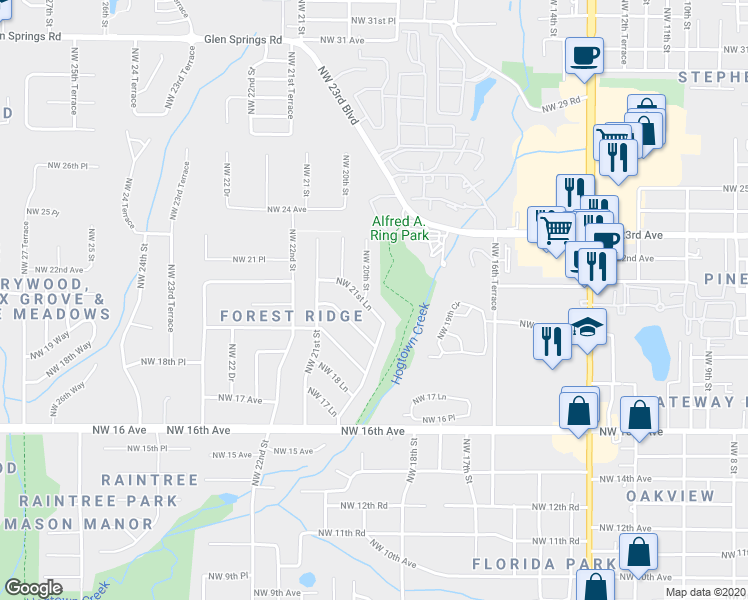 map of restaurants, bars, coffee shops, grocery stores, and more near 2042 Northwest 21st Lane in Gainesville