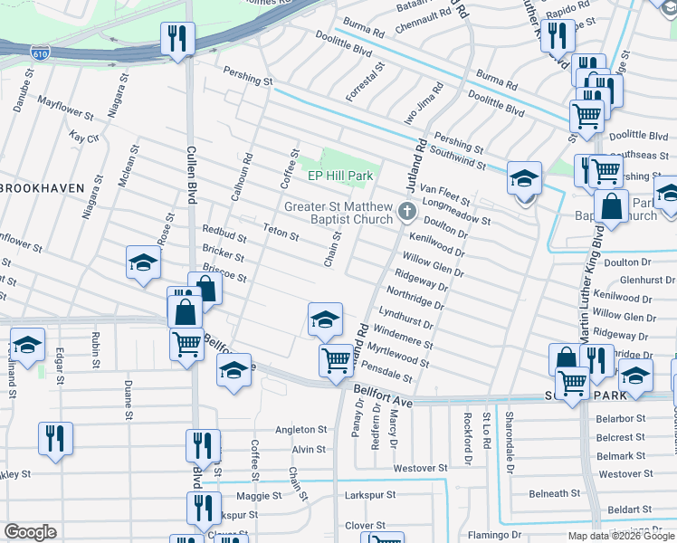map of restaurants, bars, coffee shops, grocery stores, and more near 7918 Darnay Dr in Houston