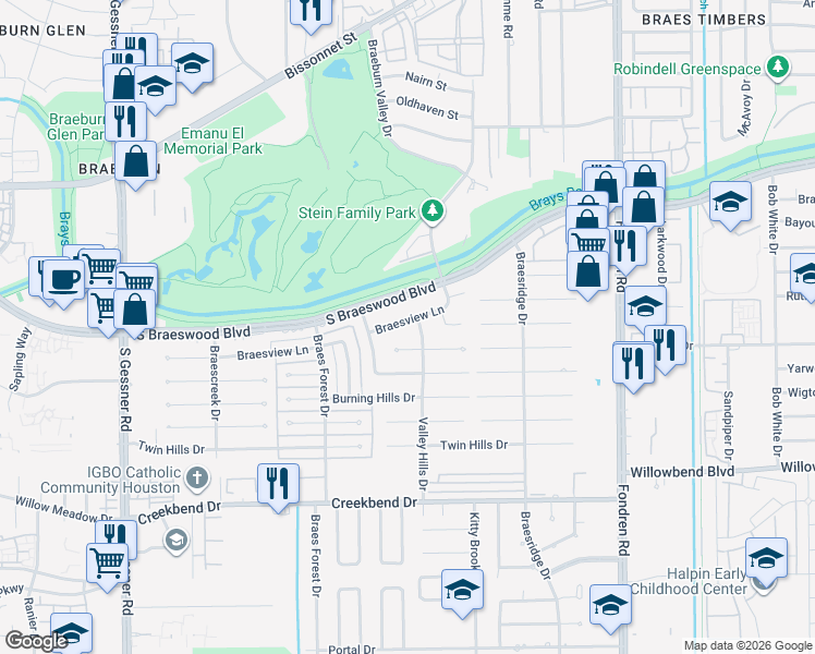 map of restaurants, bars, coffee shops, grocery stores, and more near 7907 Braesview Lane in Houston