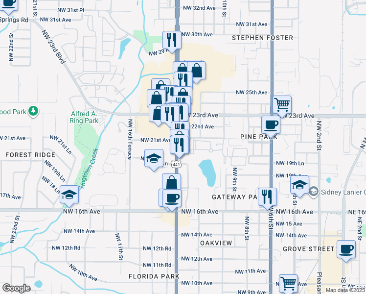 map of restaurants, bars, coffee shops, grocery stores, and more near 2031 Northwest 13th Street in Gainesville