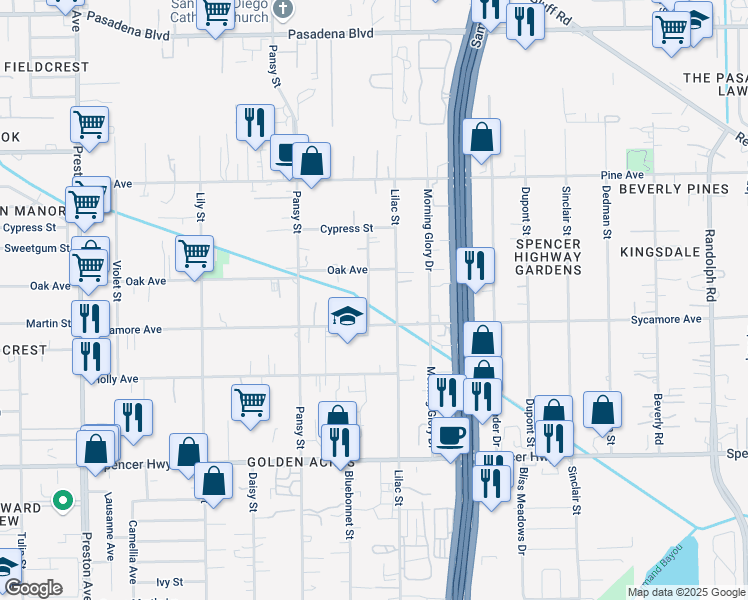 map of restaurants, bars, coffee shops, grocery stores, and more near 2727 Flowers Street in Pasadena