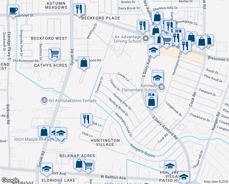 map of restaurants, bars, coffee shops, grocery stores, and more near 12734 Hunting Briar Drive in Houston